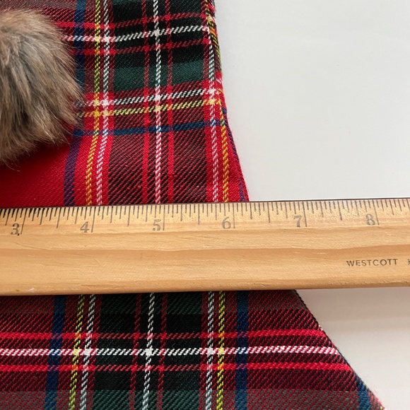 Christmas Stocking Yellow Red Green Fur Trim Tartan Plaid with  Pom-Poms - Picture 5 of 8